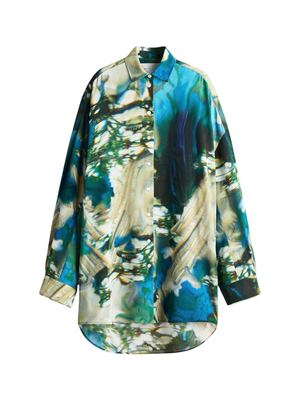 H&M Studio Collection Abstract Pattern Chiffon Shirt Blouse Blue Green Oversized